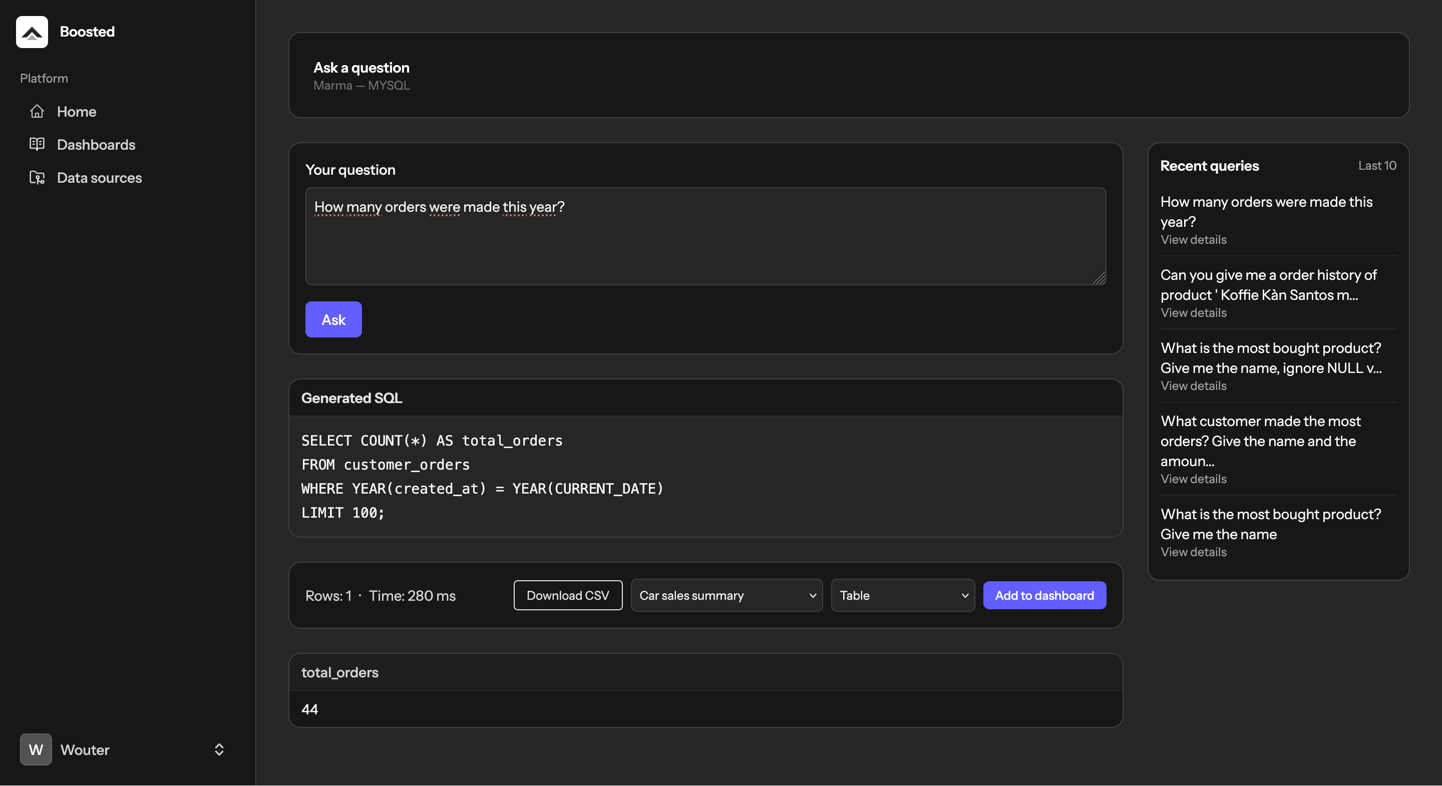 Boosted Analytics app screenshot: NLQ to SQL and dashboard preview